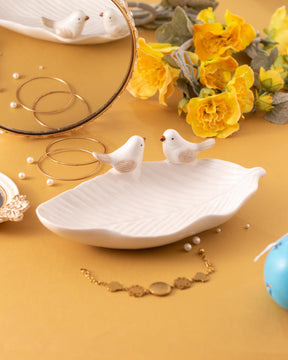 Bird on Leaf Ring Dish - White Large - The Decor Kart