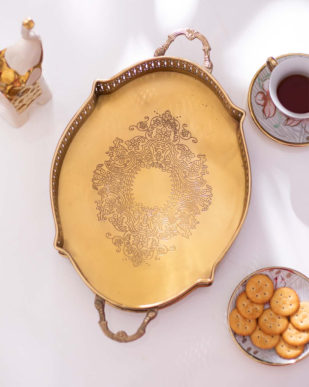Imperium Lace-cut handcrafted Brass coloured Decorative Tray with Handle
