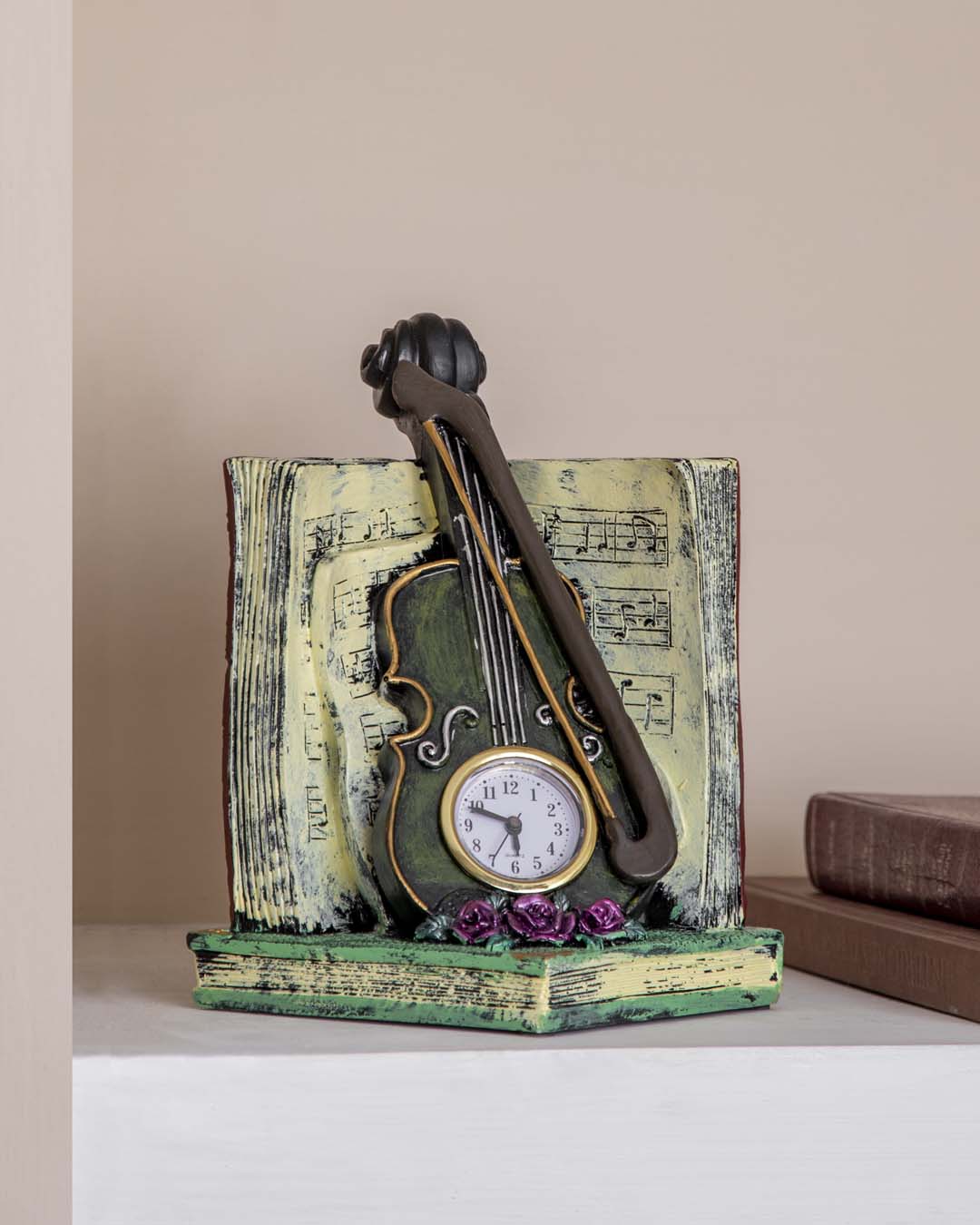 'Violin With Clock' Placed On Book Stand - The Decor Kart