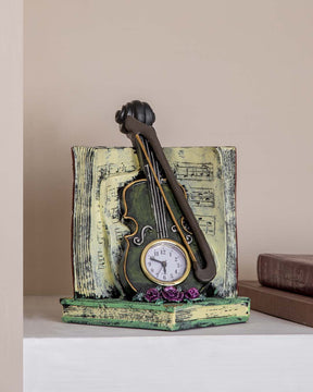 'Violin With Clock' Placed On Book Stand - The Decor Kart