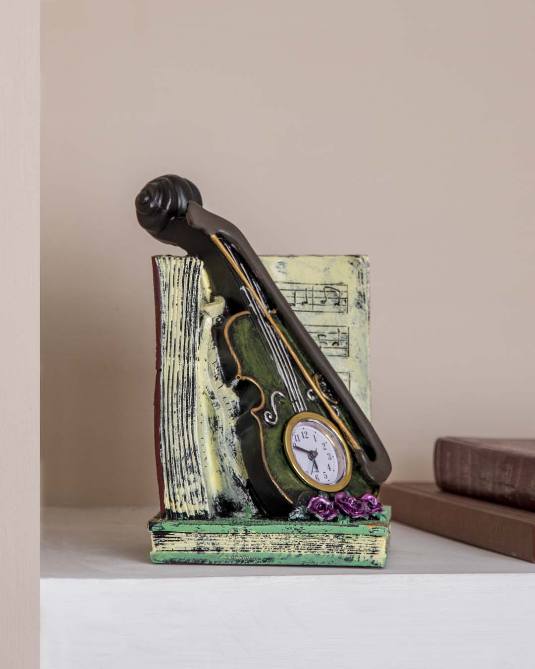 'Violin With Clock' Placed On Book Stand - The Decor Kart