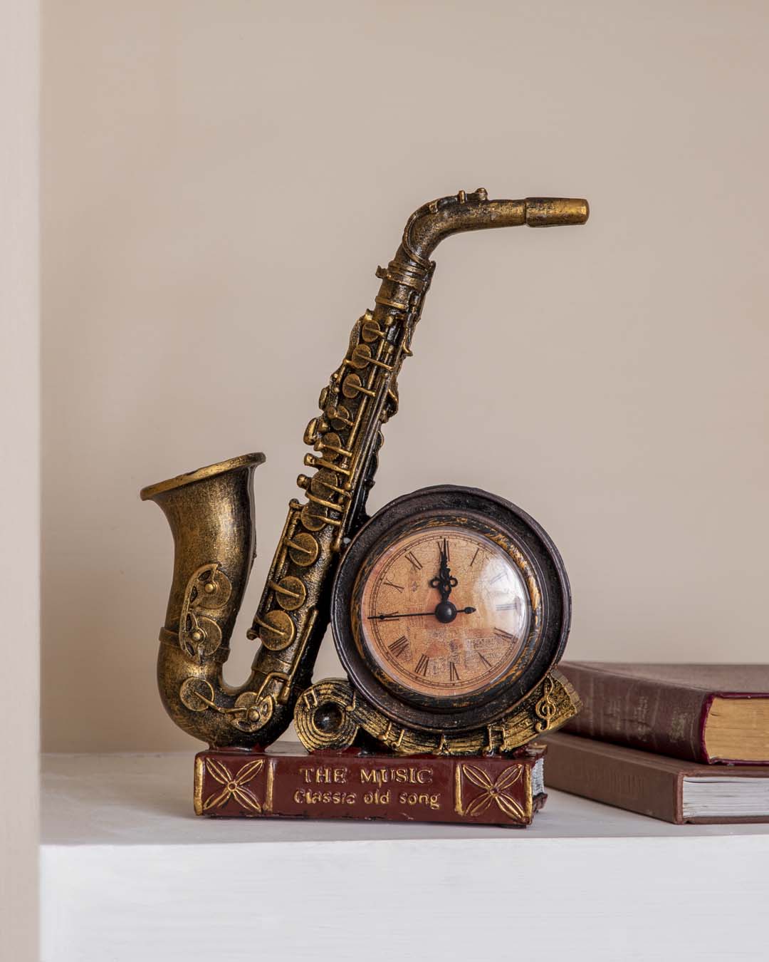 'Saxophone With Clock' Placed On Book Stand - The Decor Kart