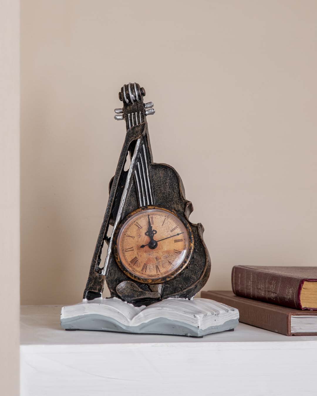 'Violin With Clock' Placed On Book Stand - The Decor Kart