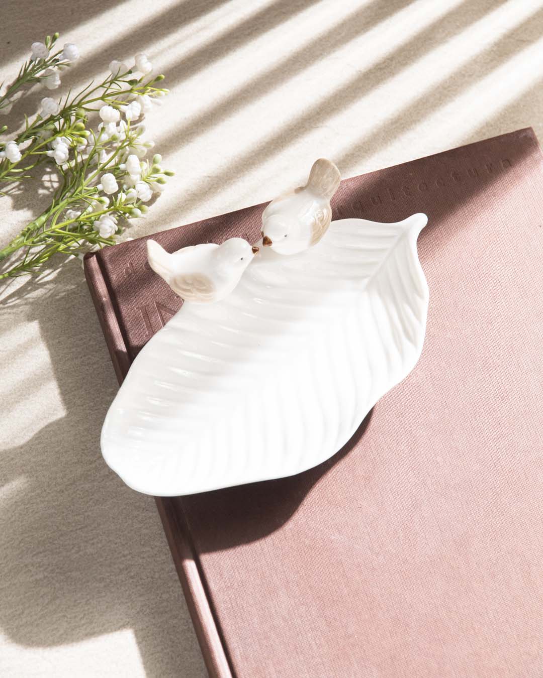 Bird on Leaf Ring Dish - White Small - The Decor Kart