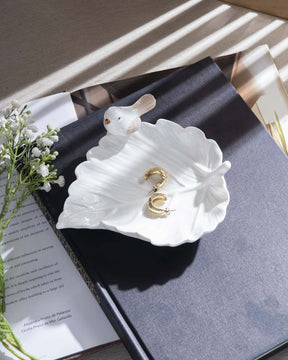 Bird on Leaf Ring Dish - White - The Decor Kart