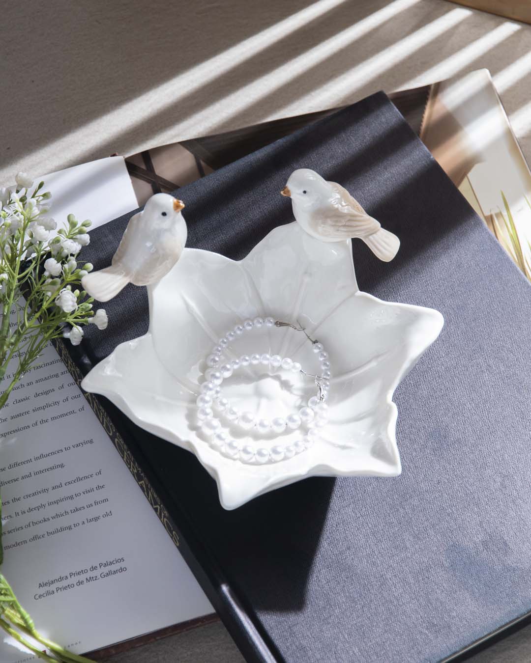 Bird on Flower Ring Dish - White - The Decor Kart