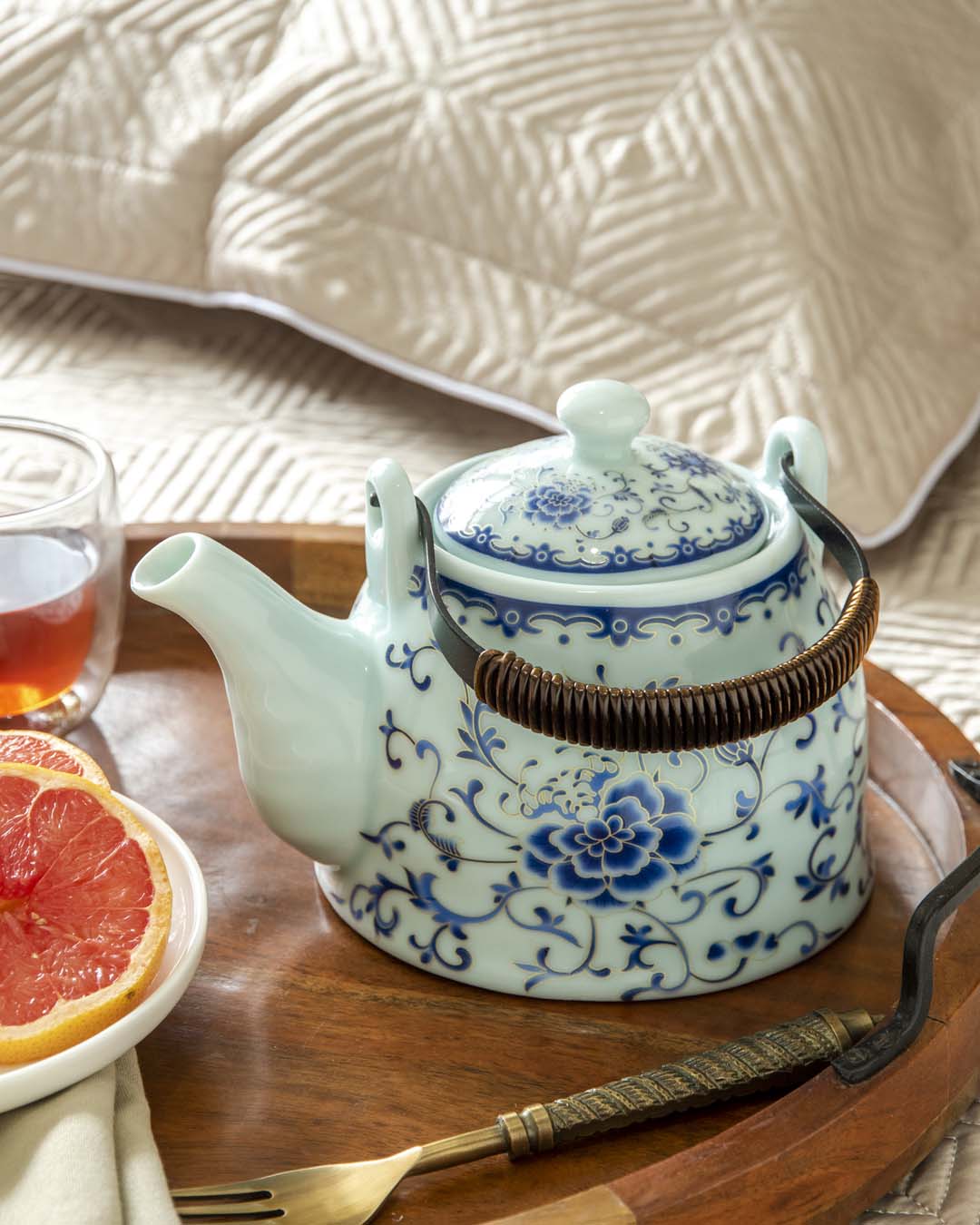 Blue Peony Ceramic Tea Kettle - The Decor Kart