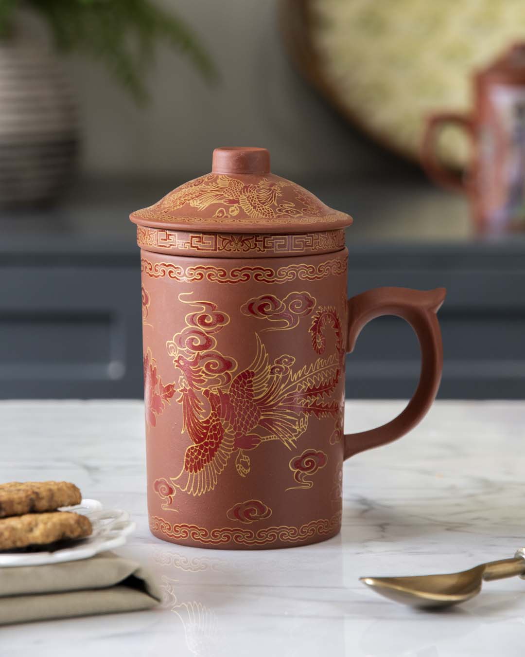 'Dragon' Stoneware Lidded Mug - Brown - The Decor Kart