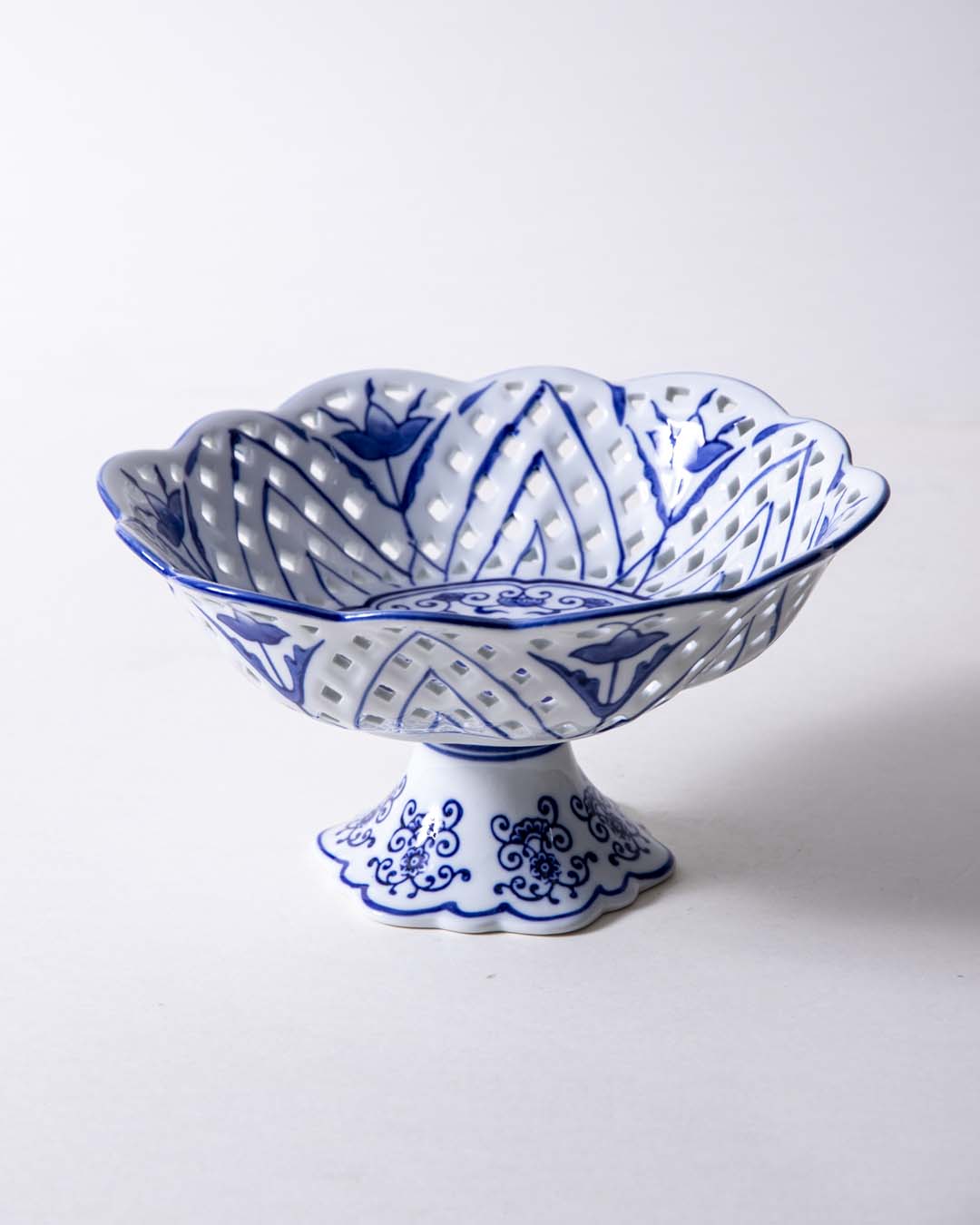 Traditional Blue & White Hand-Painted Footed Bowl - The Decor Kart