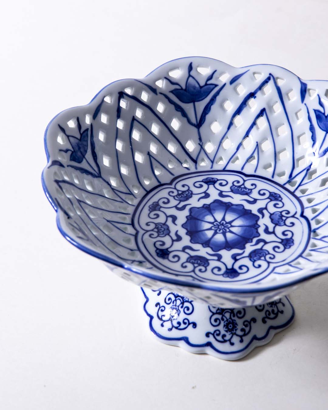 Traditional Blue & White Hand-Painted Footed Bowl - The Decor Kart