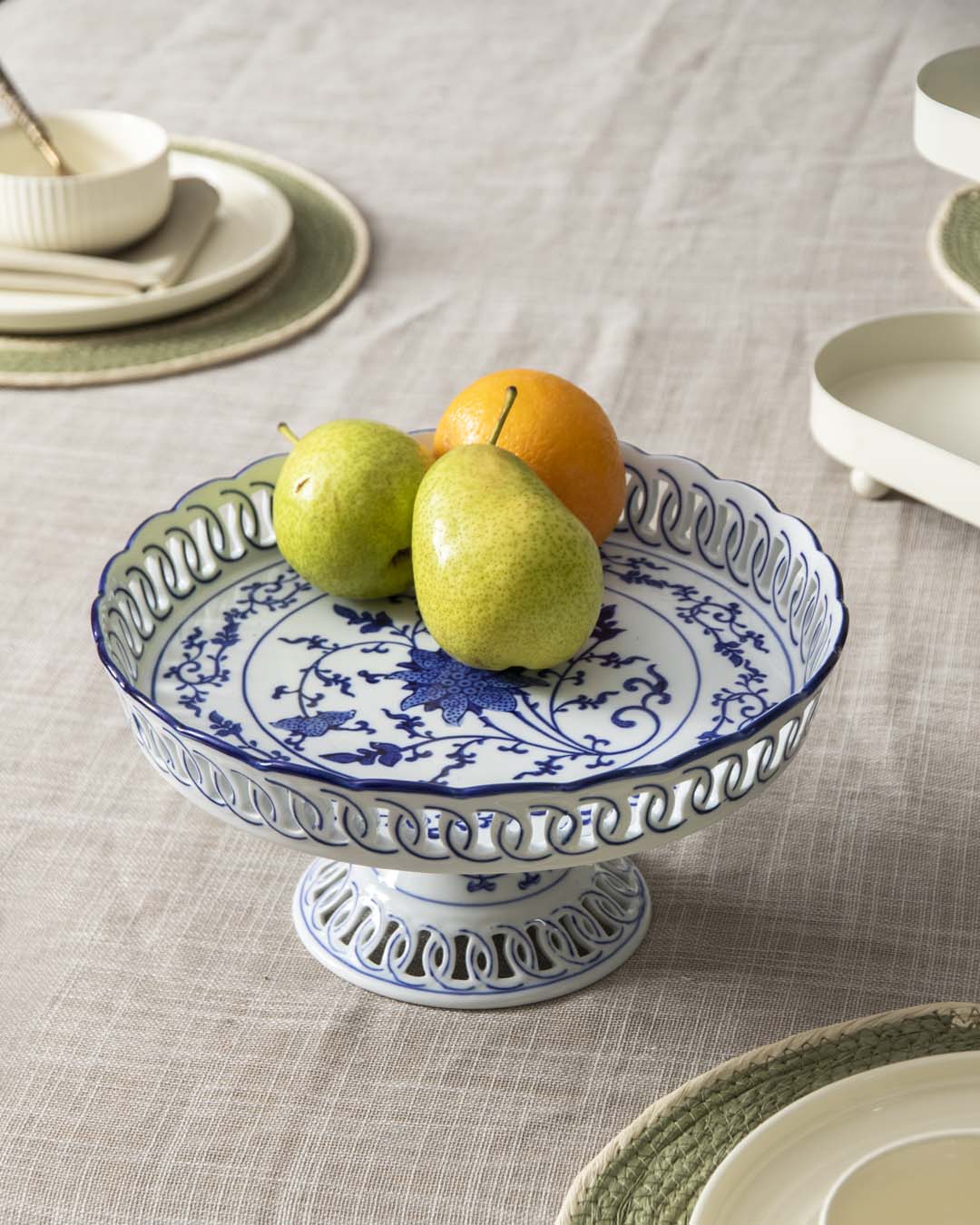 Traditional Blue & White Hand-Painted Footed Bowl - The Decor Kart