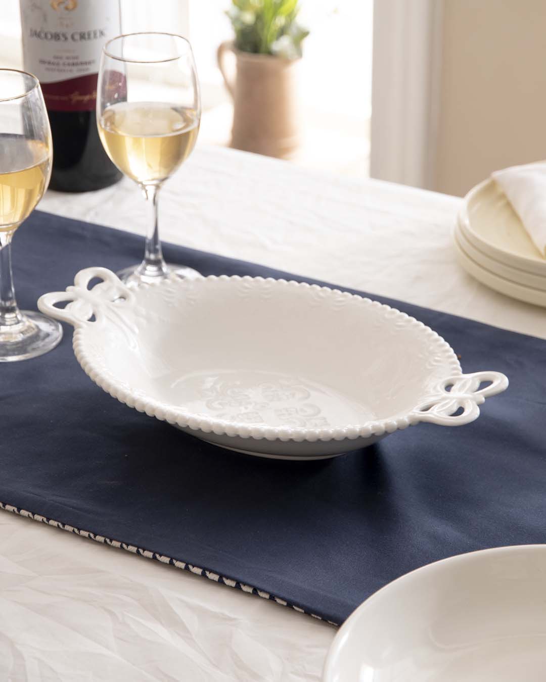 All White Embossed Oval Serving Bowl - The Decor Kart