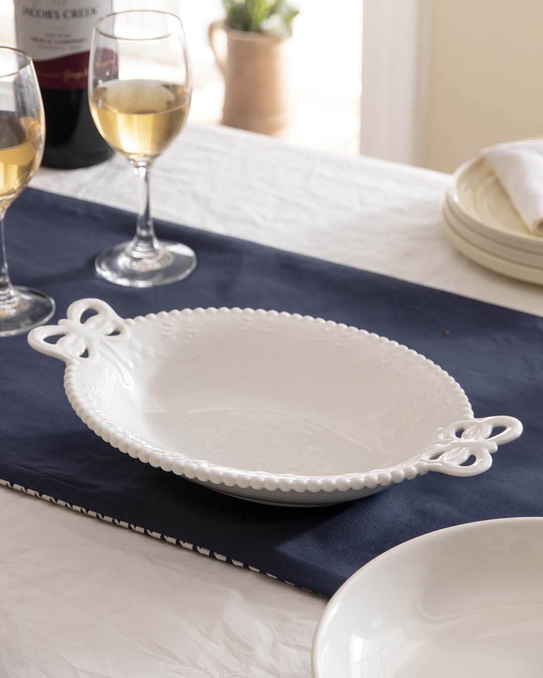 All White Embossed Oval Serving Bowl - The Decor Kart