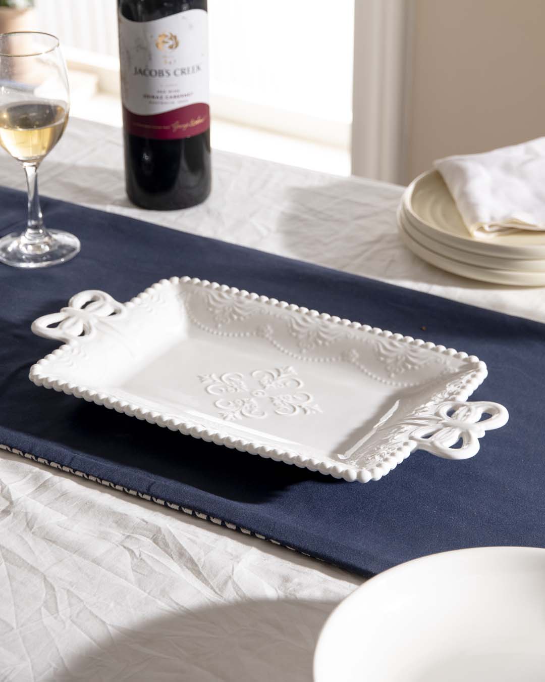 All White Embossed Rectangular Serving Platter - The Decor Kart