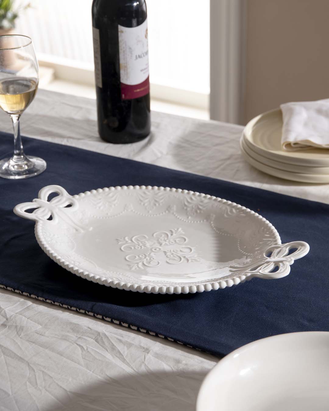 All White Embossed Oval Serving Platter - The Decor Kart