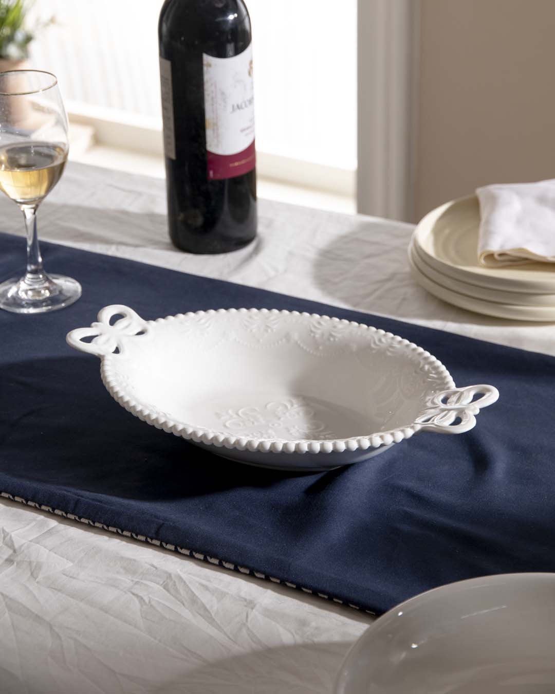 All White Embossed Oval Serving Bowl - The Decor Kart