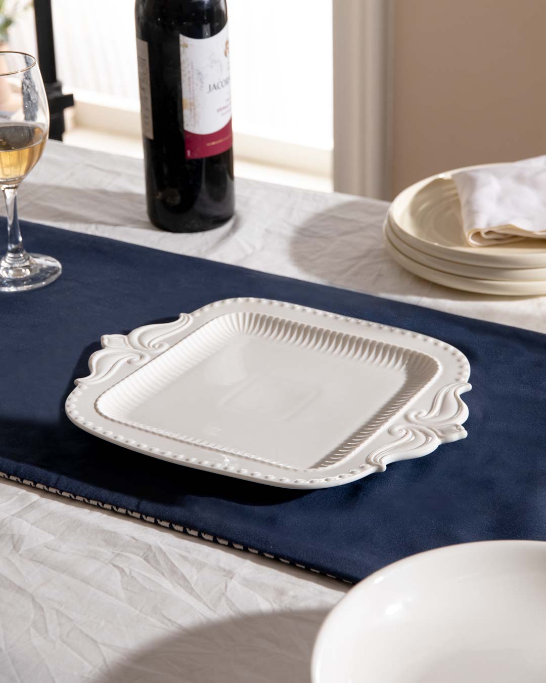 All White Embossed Serving Platter - Small - The Decor Kart