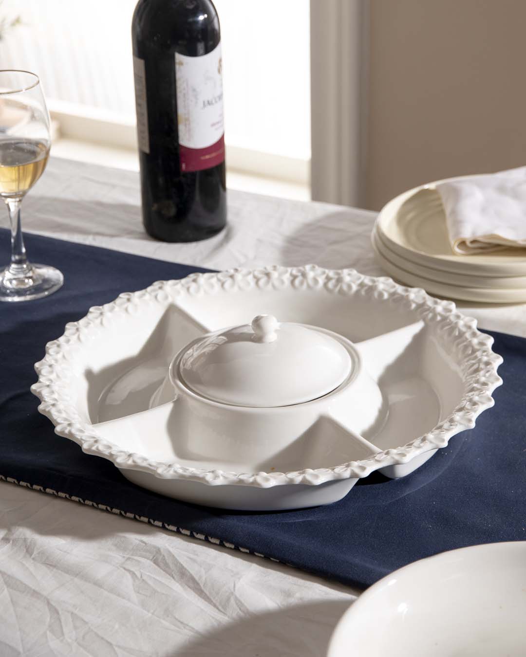 All White Embossed Chip n Dip Platter - The Decor Kart