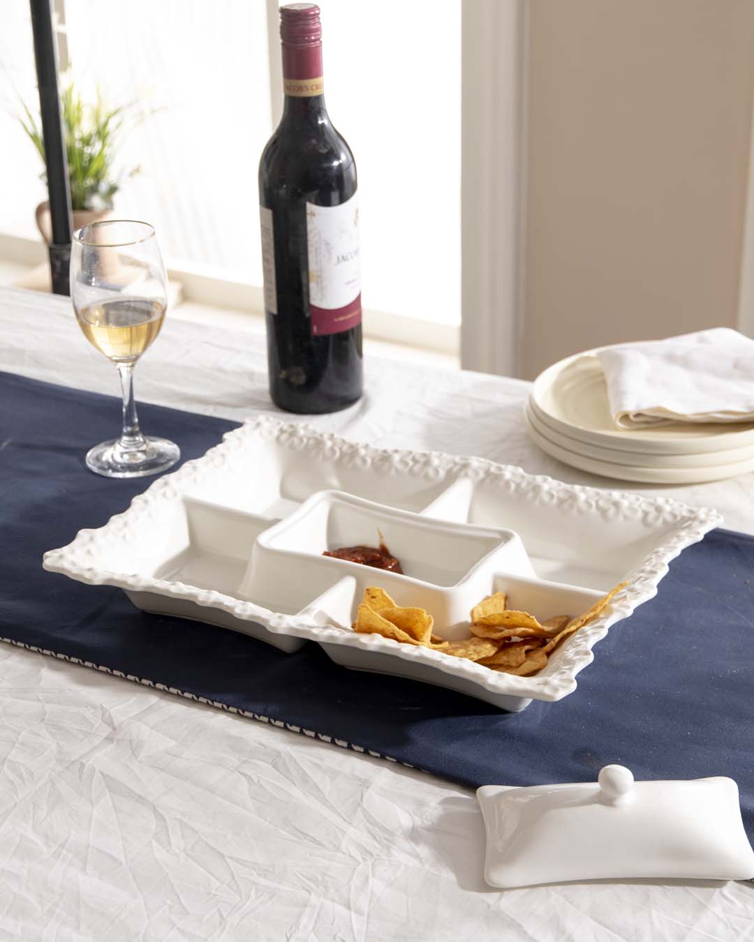 All White Embossed Chip n Dip Platter - The Decor Kart