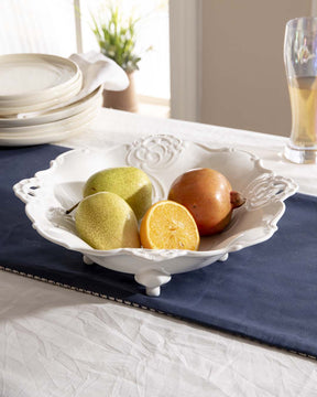 All White Embossed Footed Fruit Bowl - The Decor Kart