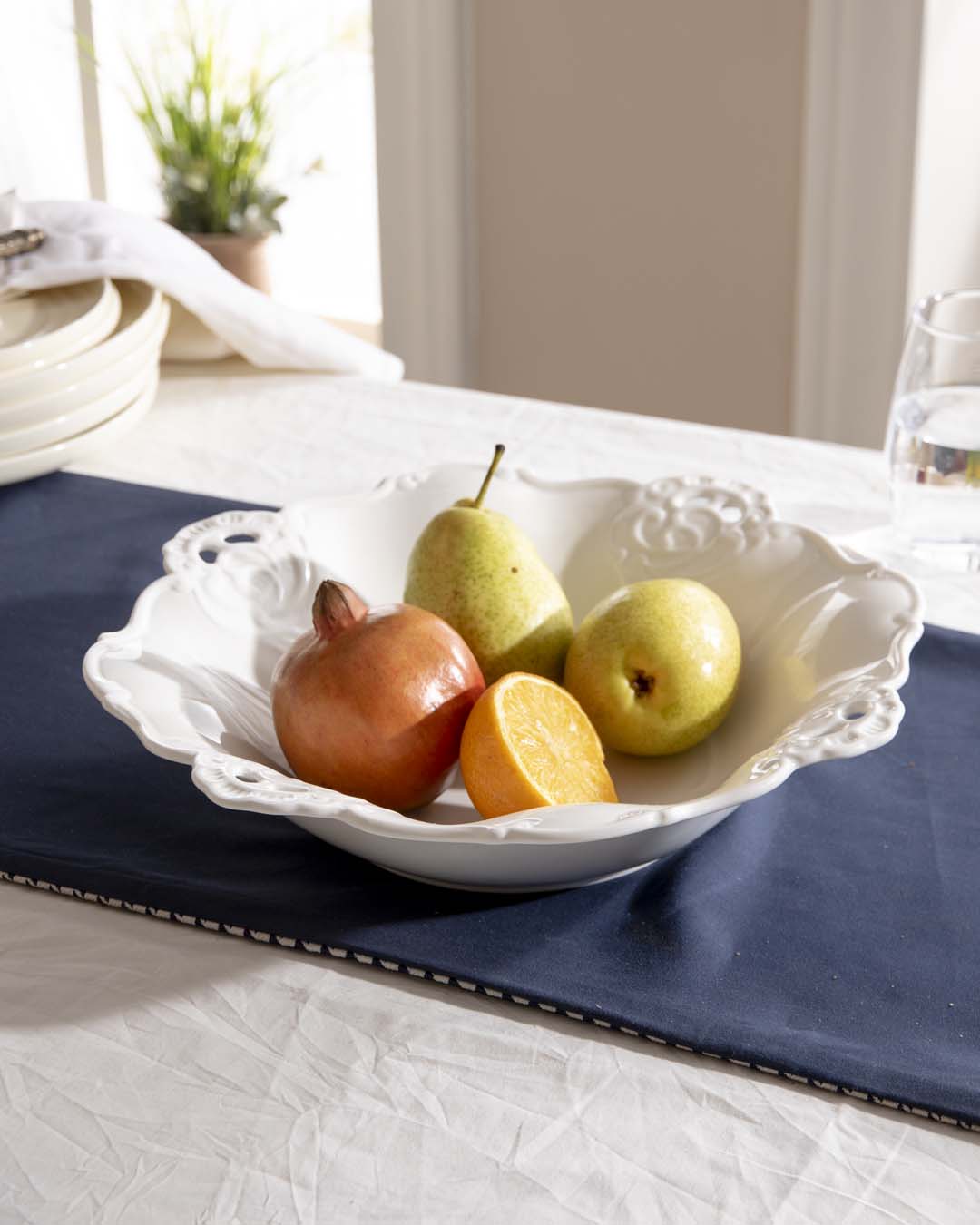 All White Embossed Fruit Bowl - The Decor Kart