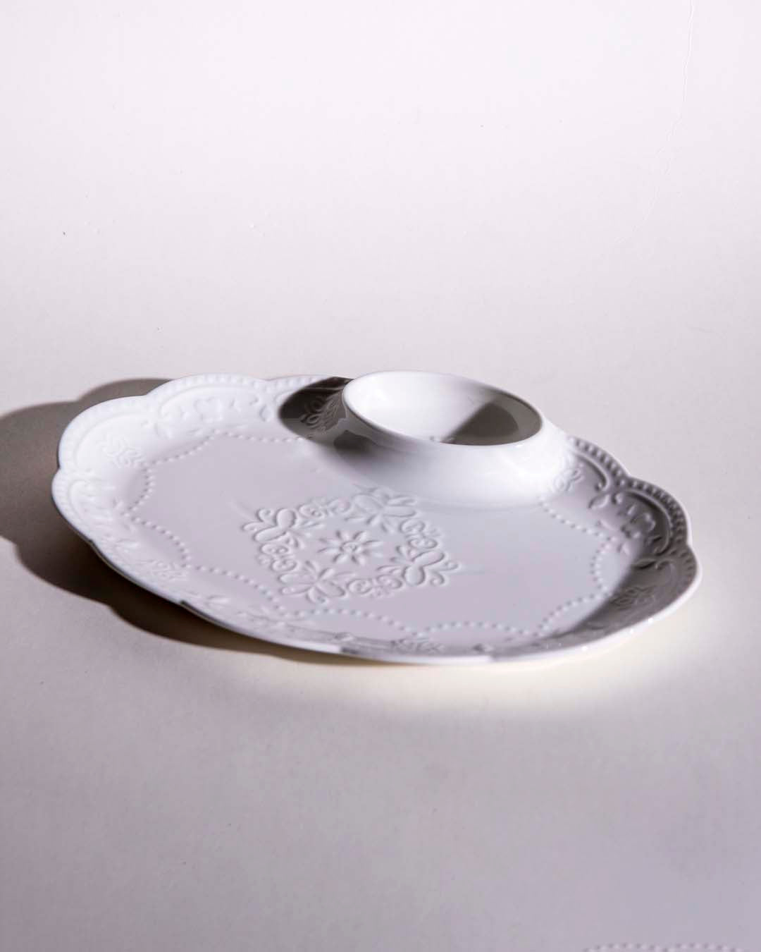 All White Embossed Chip n Dip Platter - Large - The Decor Kart