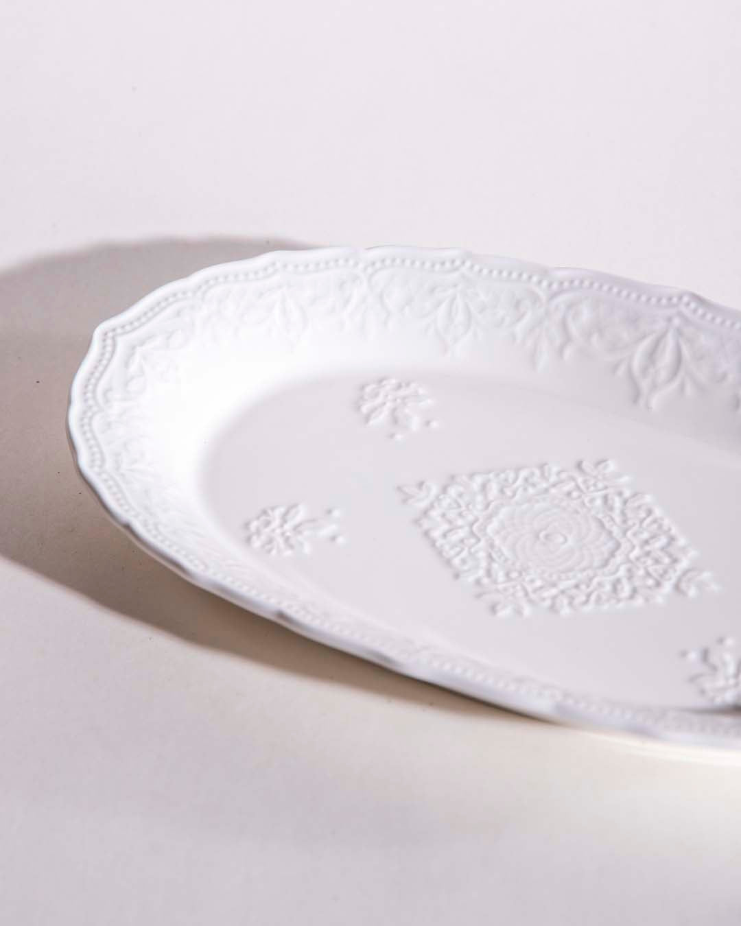 All White Embossed Serving Platter - The Decor Kart