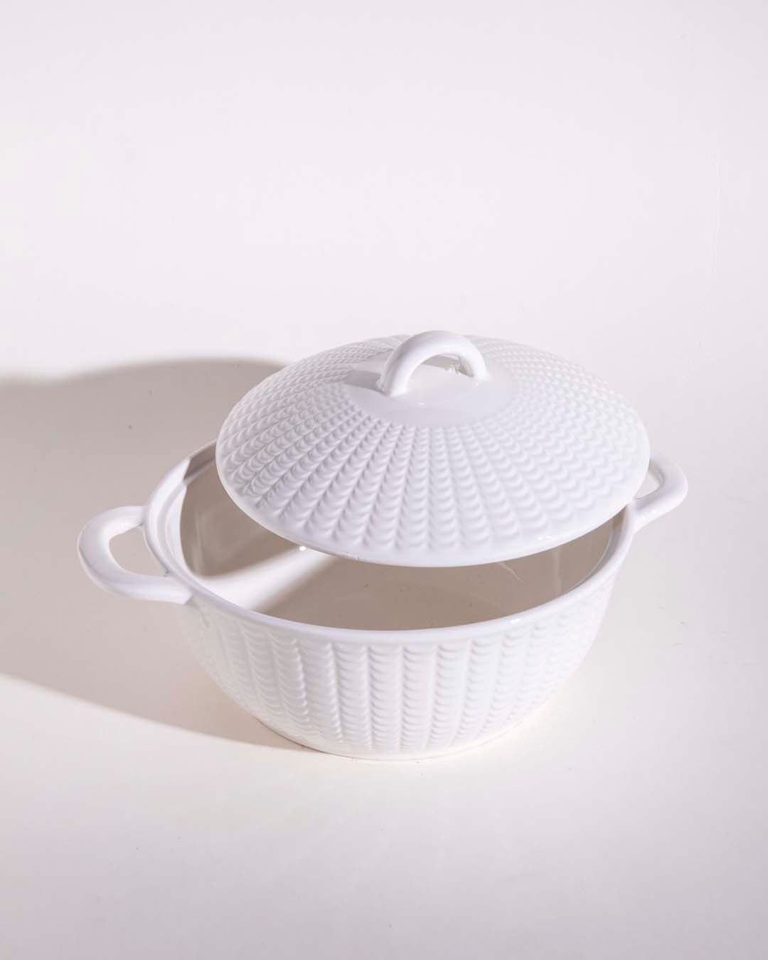 All White Embossed Serving Bowl with Lid - Small - The Decor Kart