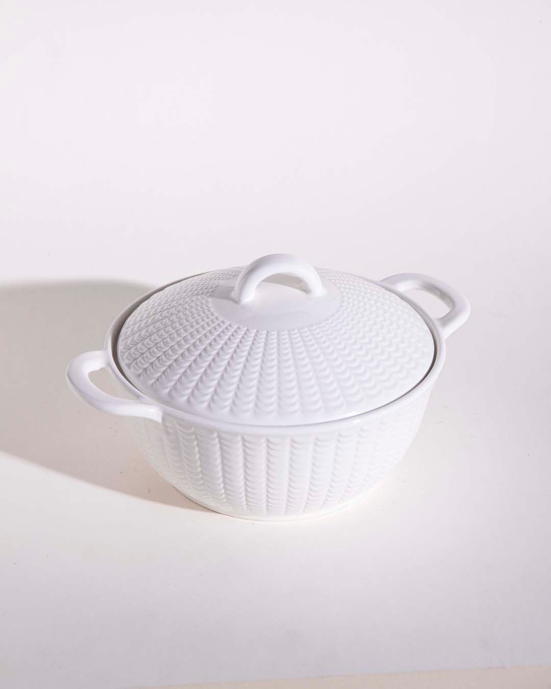 All White Embossed Serving Bowl with Lid - Small - The Decor Kart