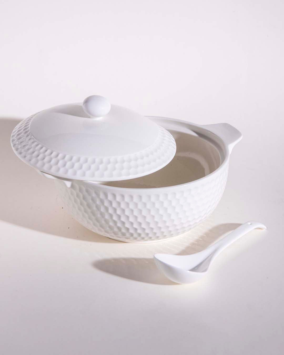 All White Dimple Serving Bowl with Spoon - The Decor Kart