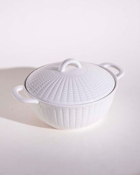 All White Embossed Serving Bowl with Lid - Large - The Decor Kart