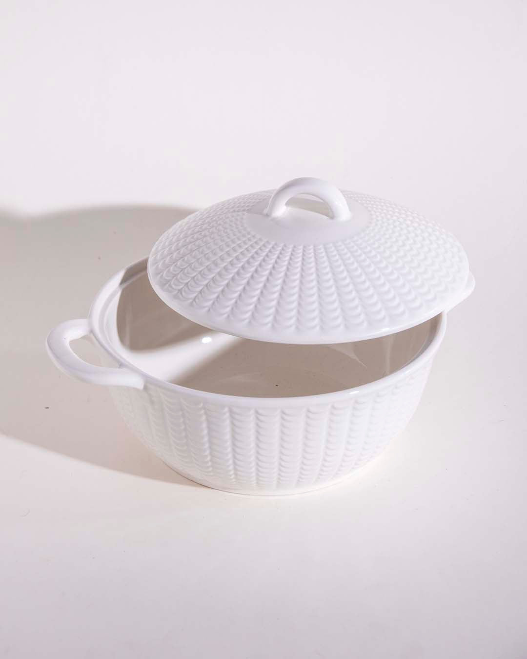 All White Embossed Serving Bowl with Lid - Large - The Decor Kart