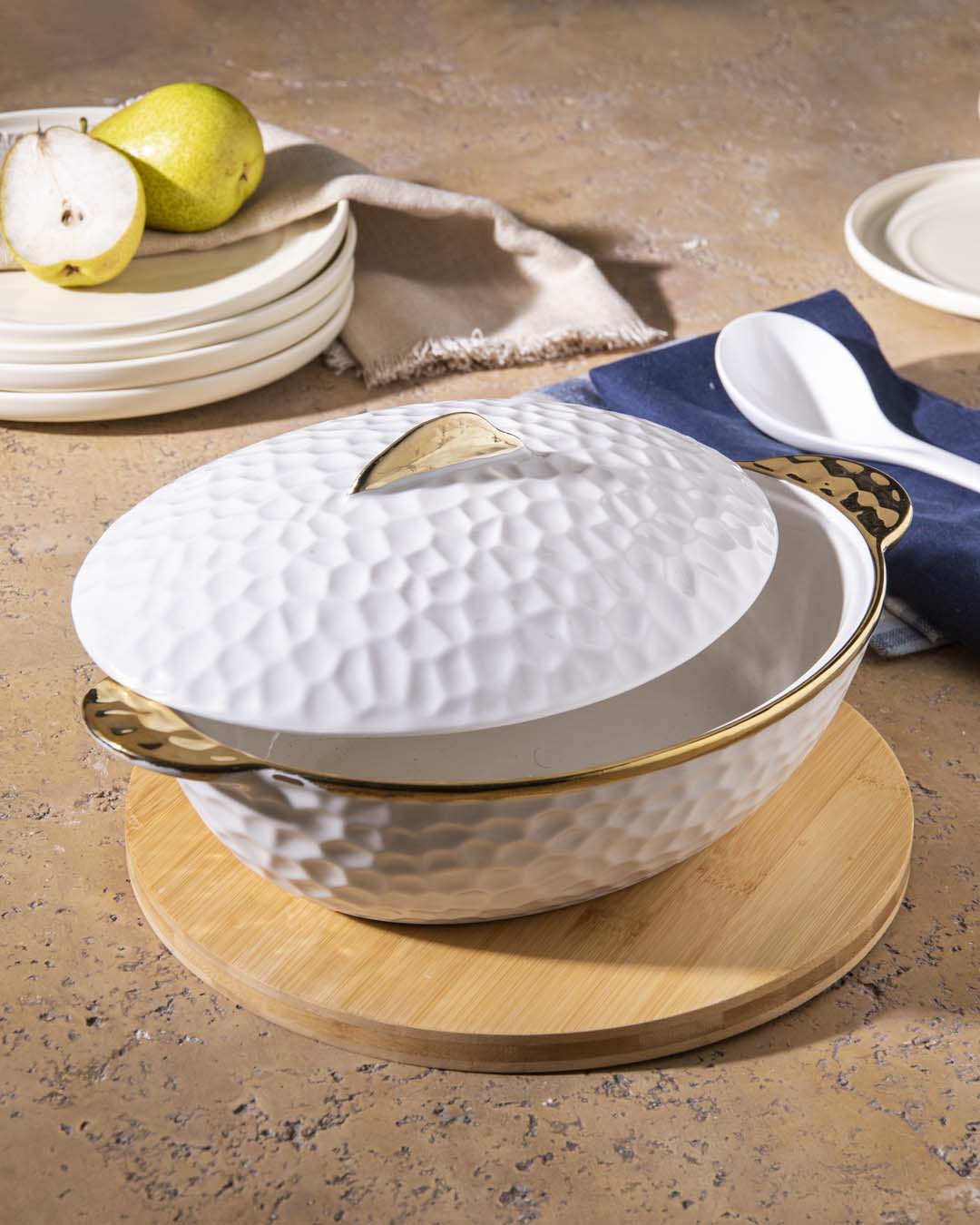 All White Dimple Serving Bowl with Lid - The Decor Kart