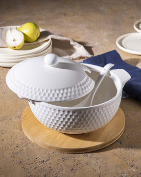 All White Dimple Serving Bowl with Spoon - The Decor Kart