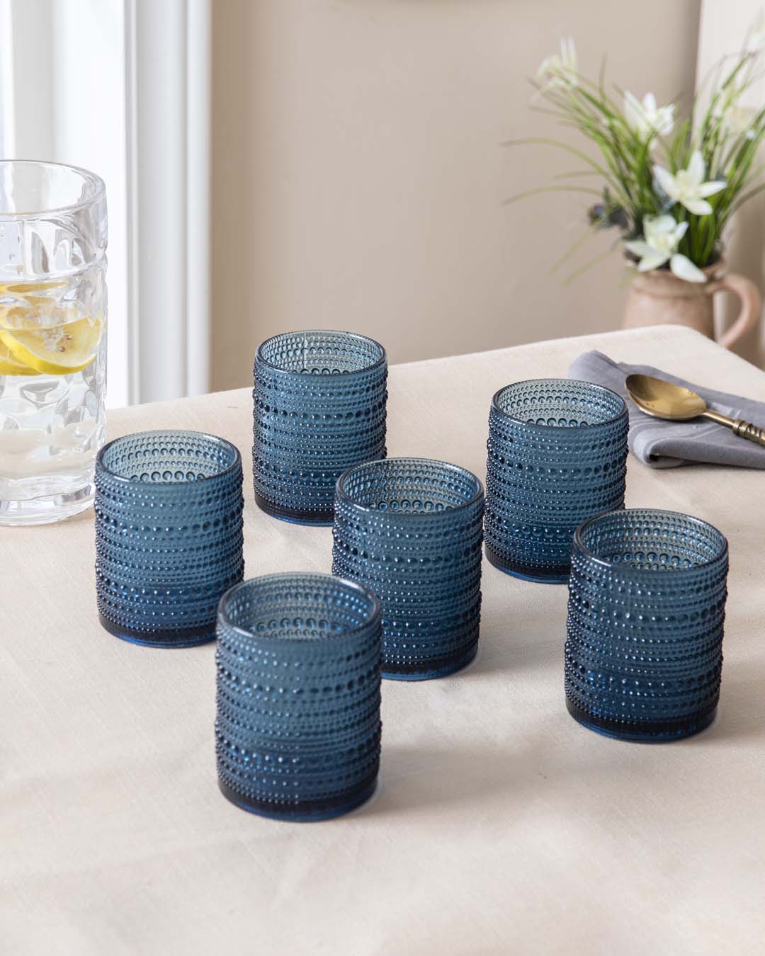 Bubble Embossed Tumbler Glass Blue - Set of 6 - The Decor Kart