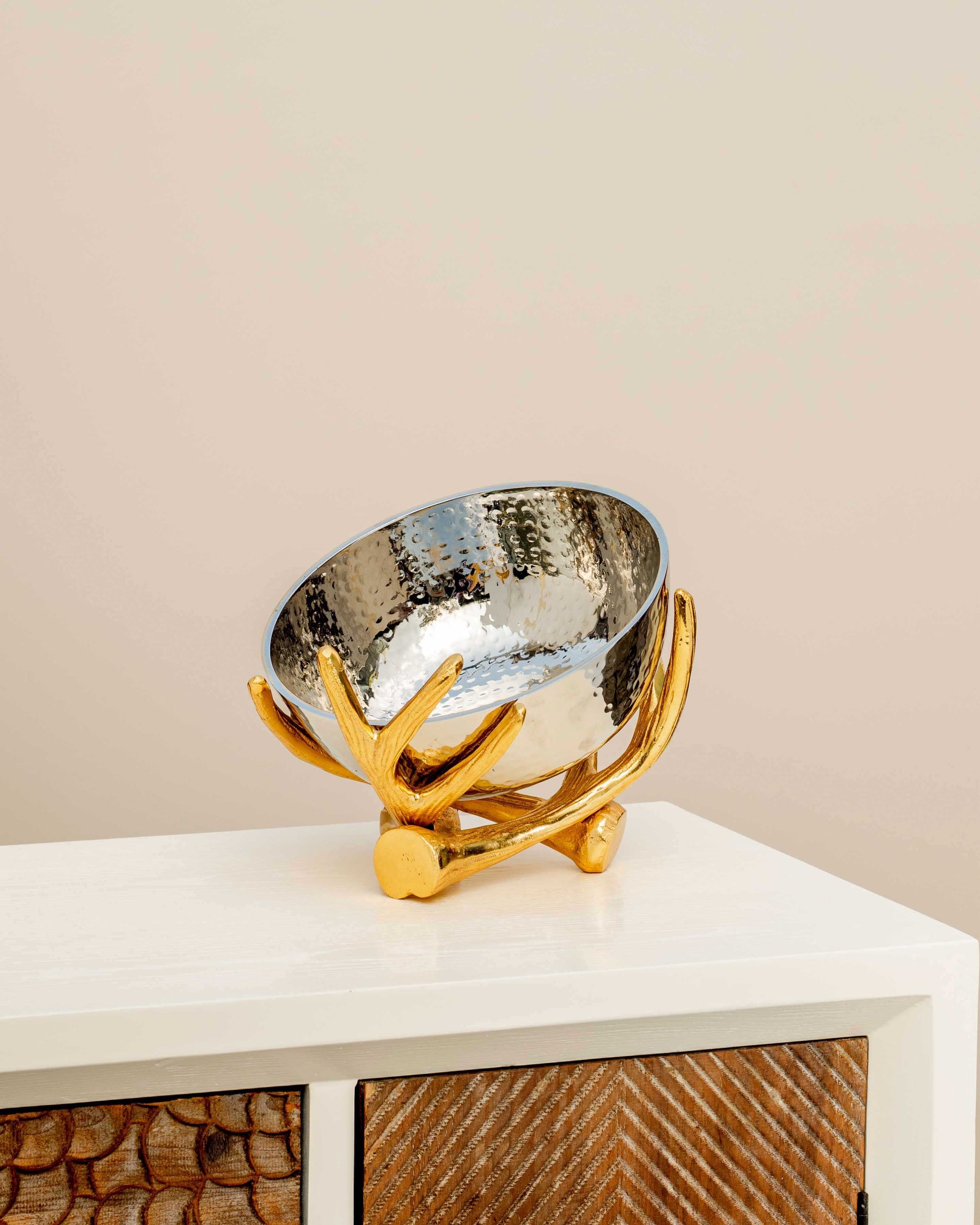 Metallic Silver Bowl With Rustic Gold Twig Stand - Large