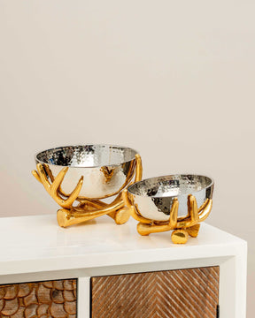 Metallic Silver Bowl With Rustic Gold Twig Stand - Large