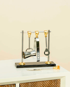 "Essential Bar Tool Set" Ice Tong, Forked Knife, Cocktail Shaker, Opener - 10" - The Decor Kart