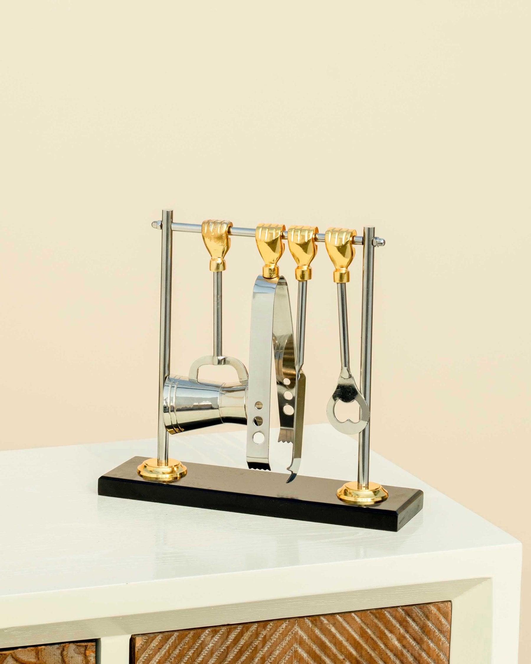 "Essential Bar Tool Set" Ice Tong, Forked Knife, Cocktail Shaker, Opener - 10" - The Decor Kart