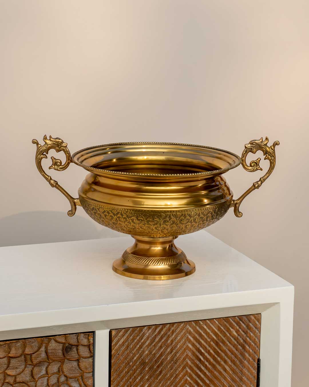 Embossed Round Brass Bowl with Handle - 10"