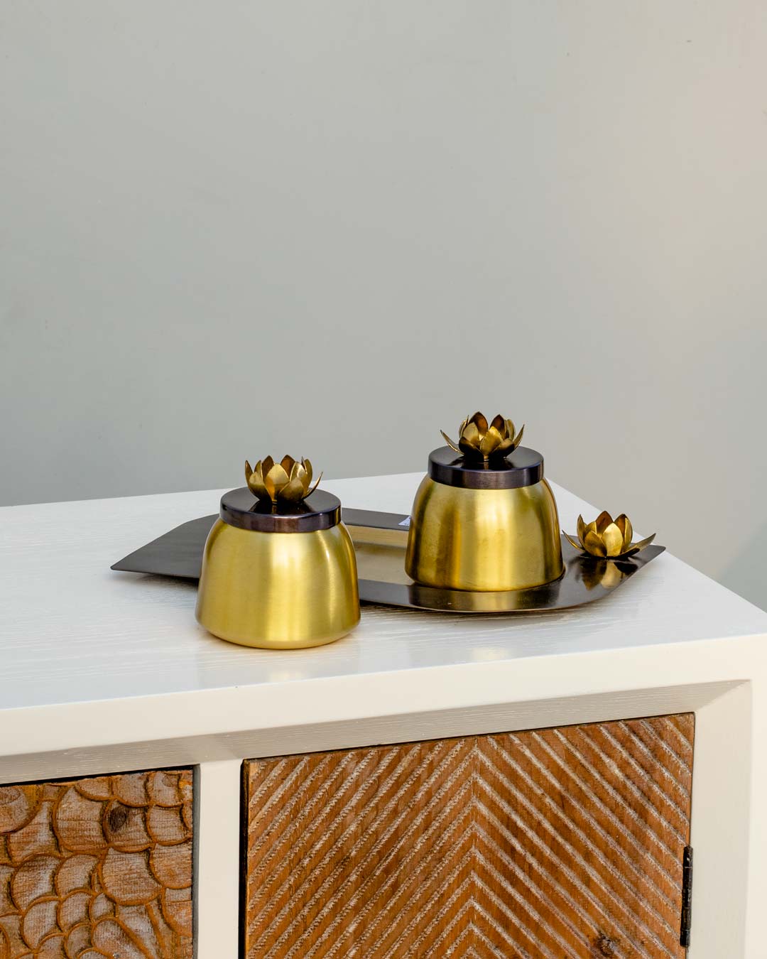 Lotus Lid Brass Jar Set - The Decor Kart