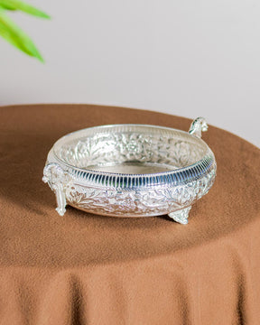 Floral Embossed Silver Plated Bowl With Peacock Handle - 14" - The Decor Kart