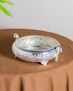 Floral Embossed Silver Plated Bowl With Peacock Handle - 14" - The Decor Kart