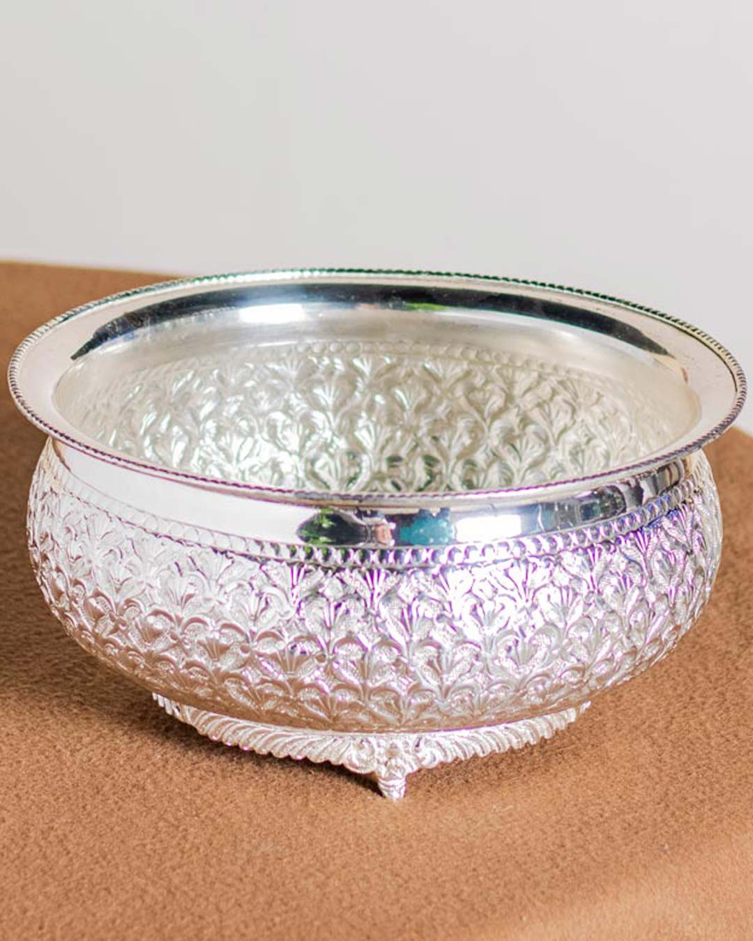 Foliole Embossed Silver Plated Brass Bowl - 10"