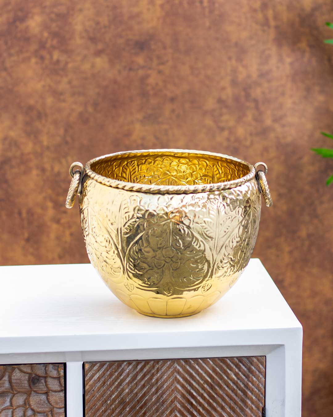 Hibiscus Flower Craved Golden Brass Planter - Large - 14" - The Decor Kart