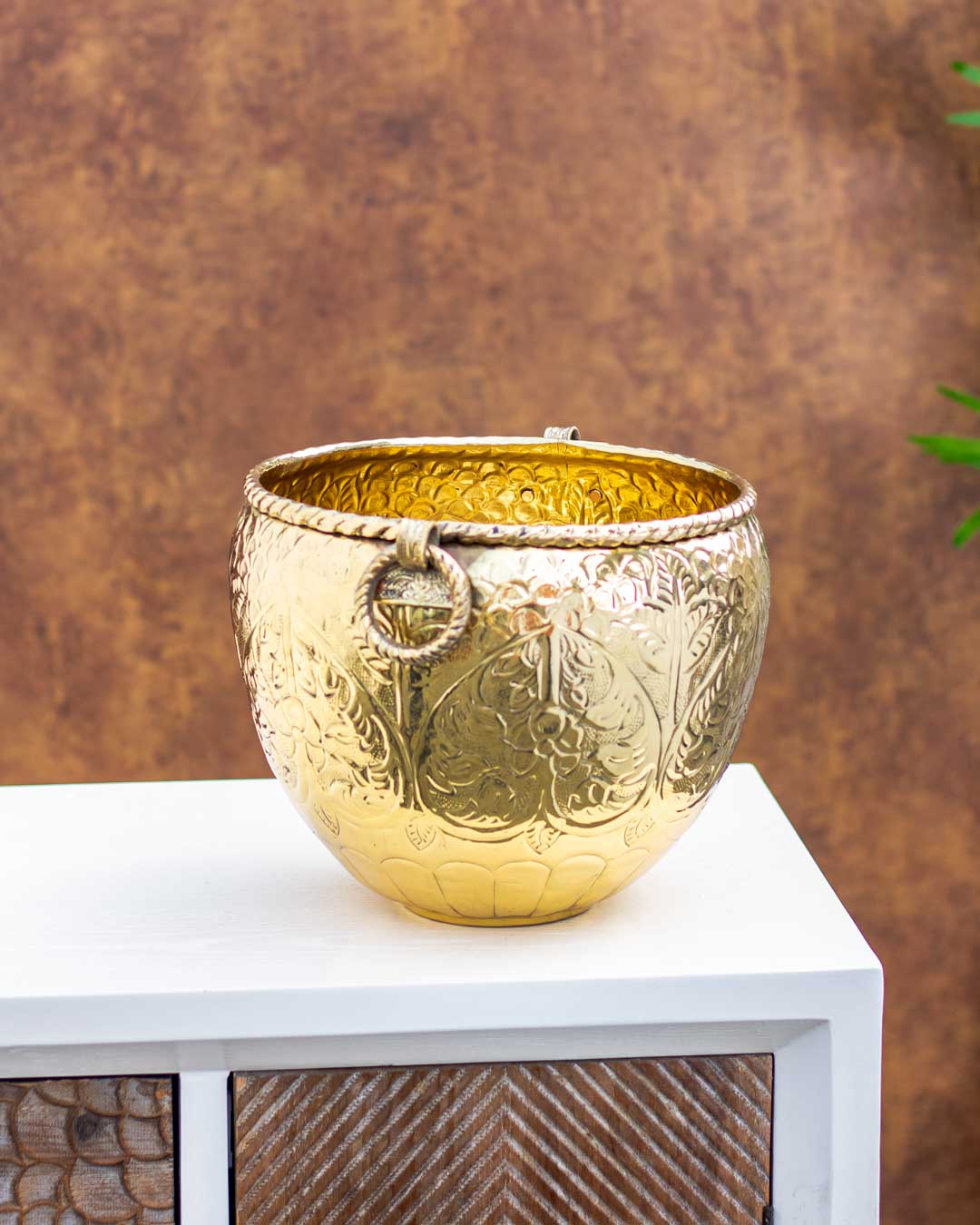 Hibiscus Flower Craved Golden Brass Planter - Large - 14" - The Decor Kart