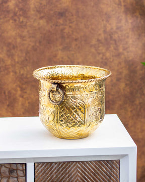 Embossed Lacquer Finish Golden Brass Planter - 14" - The Decor Kart