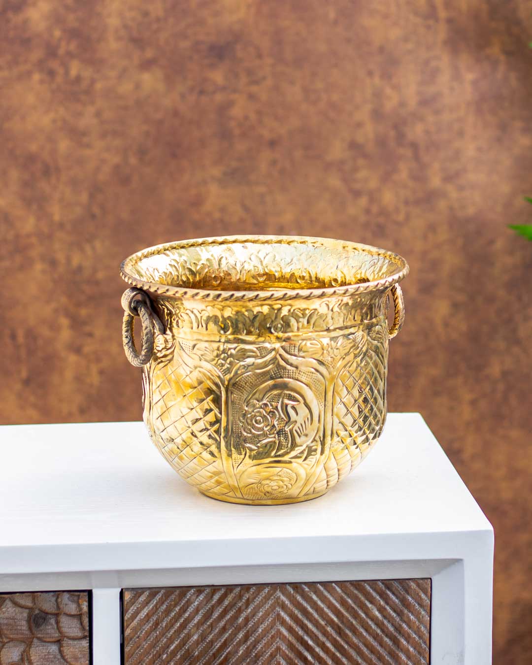 Embossed Lacquer Finish Golden Brass Planter - 14"