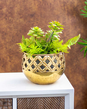 Intricate Design Golden Brass Planter - Small - 7.5" - The Decor Kart