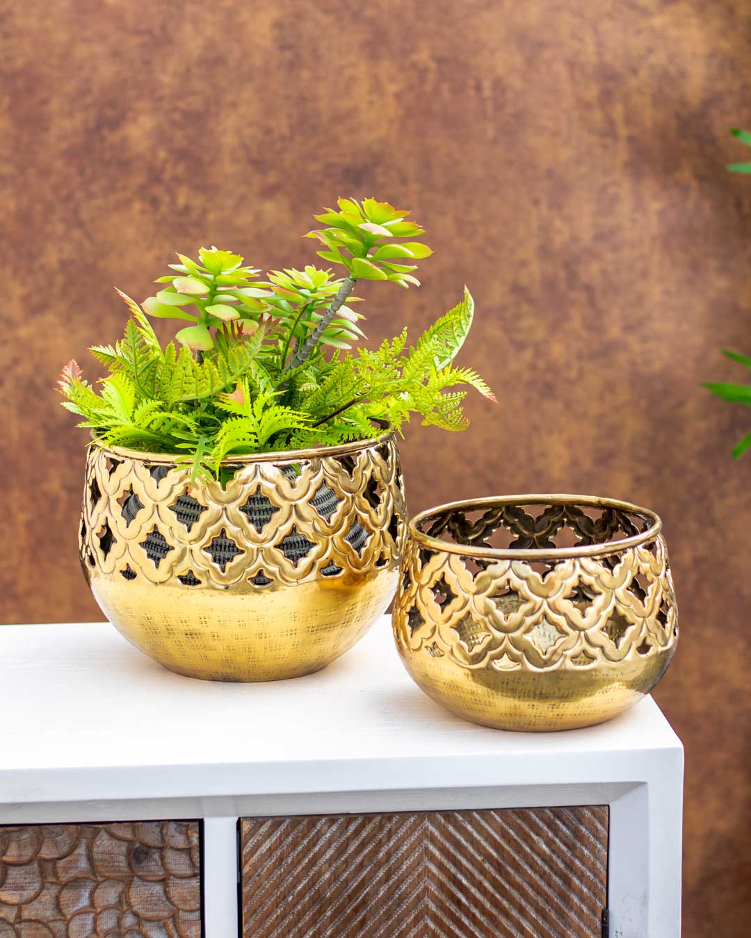Intricate Design Golden Brass Planter - Small - 7.5"
